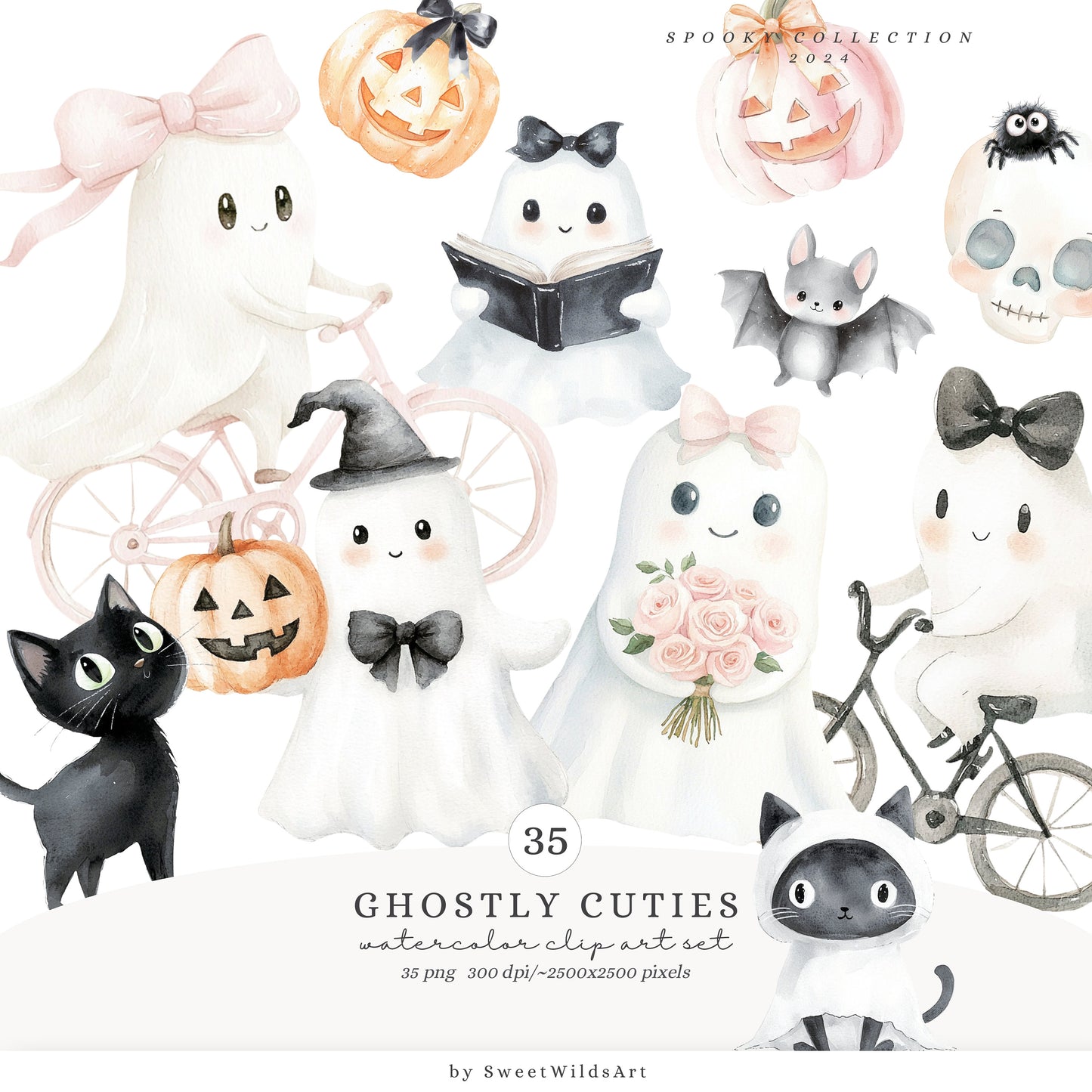 Ghostly Cuties - Cute Halloween Clipart, Spooky Ghosts, Pumpkin, Kids | 35 PNG