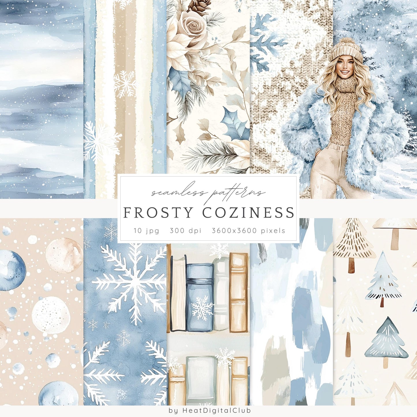 Frosty Coziness - Seamless Patterns, Winter Rustic, Snowflakes | 10 JPEG
