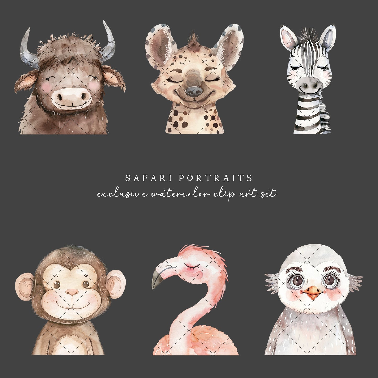 Safari Portraits - Cute Animals Clipart, Baby Animals, Baby Shower, Nursery | 20 PNG