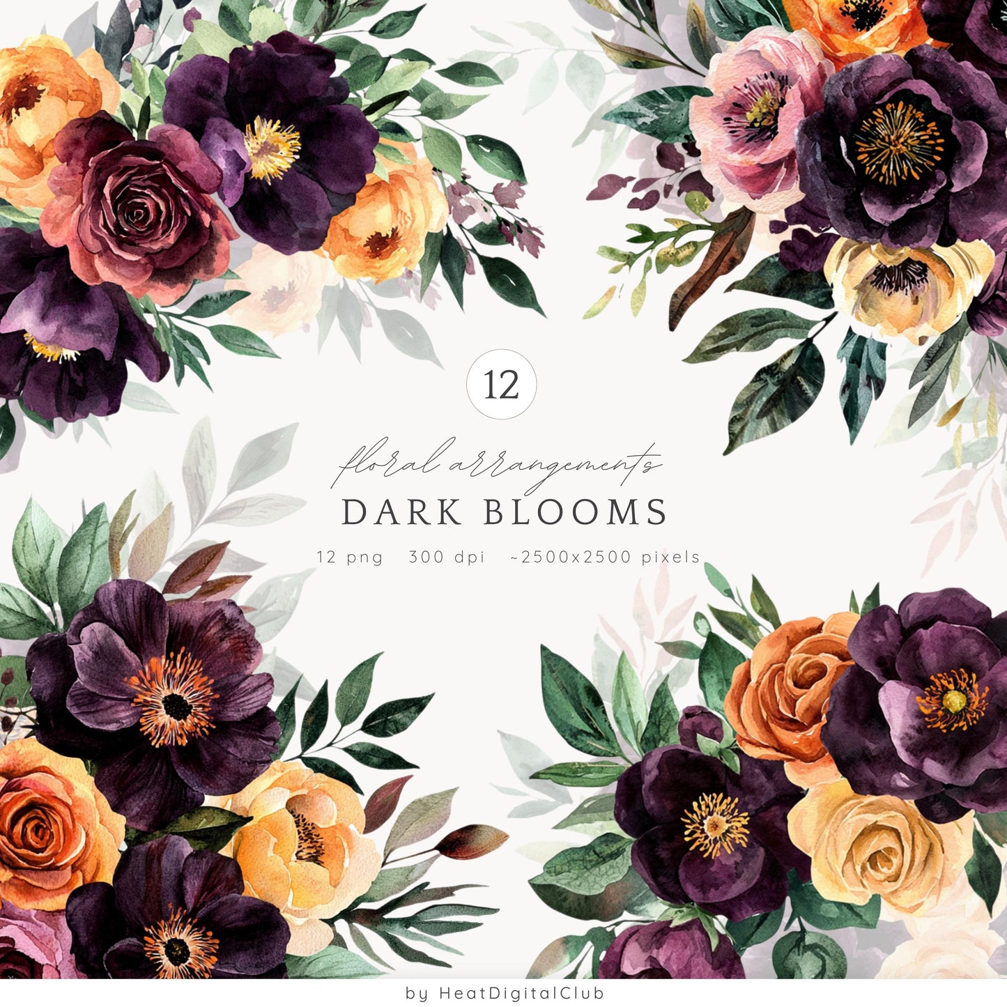 Dark Blooms - Floral Arrangements Clipart, Elegant Flowers, Gothic | 12 PNG