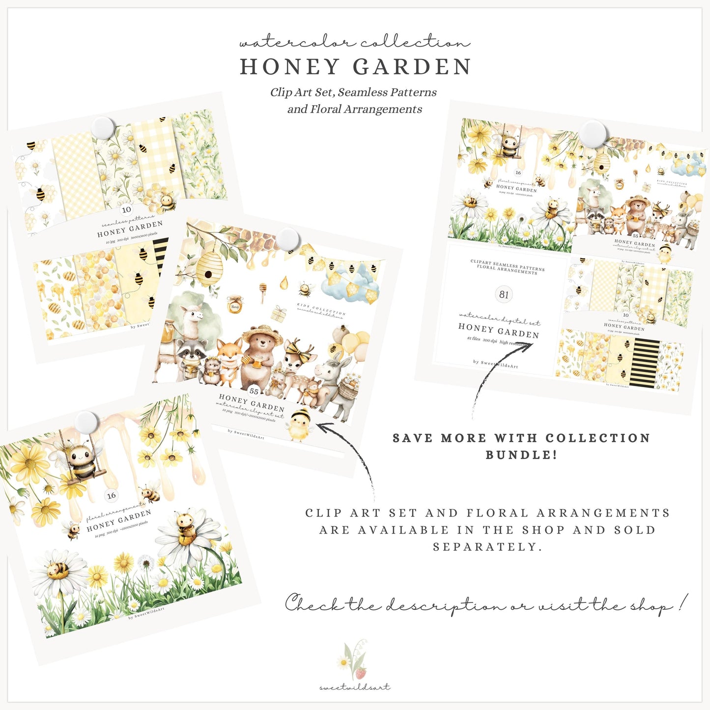 Honey Garden - Seamless Patterns, Bees, Honeycombs, Gingham | 10 JPEG