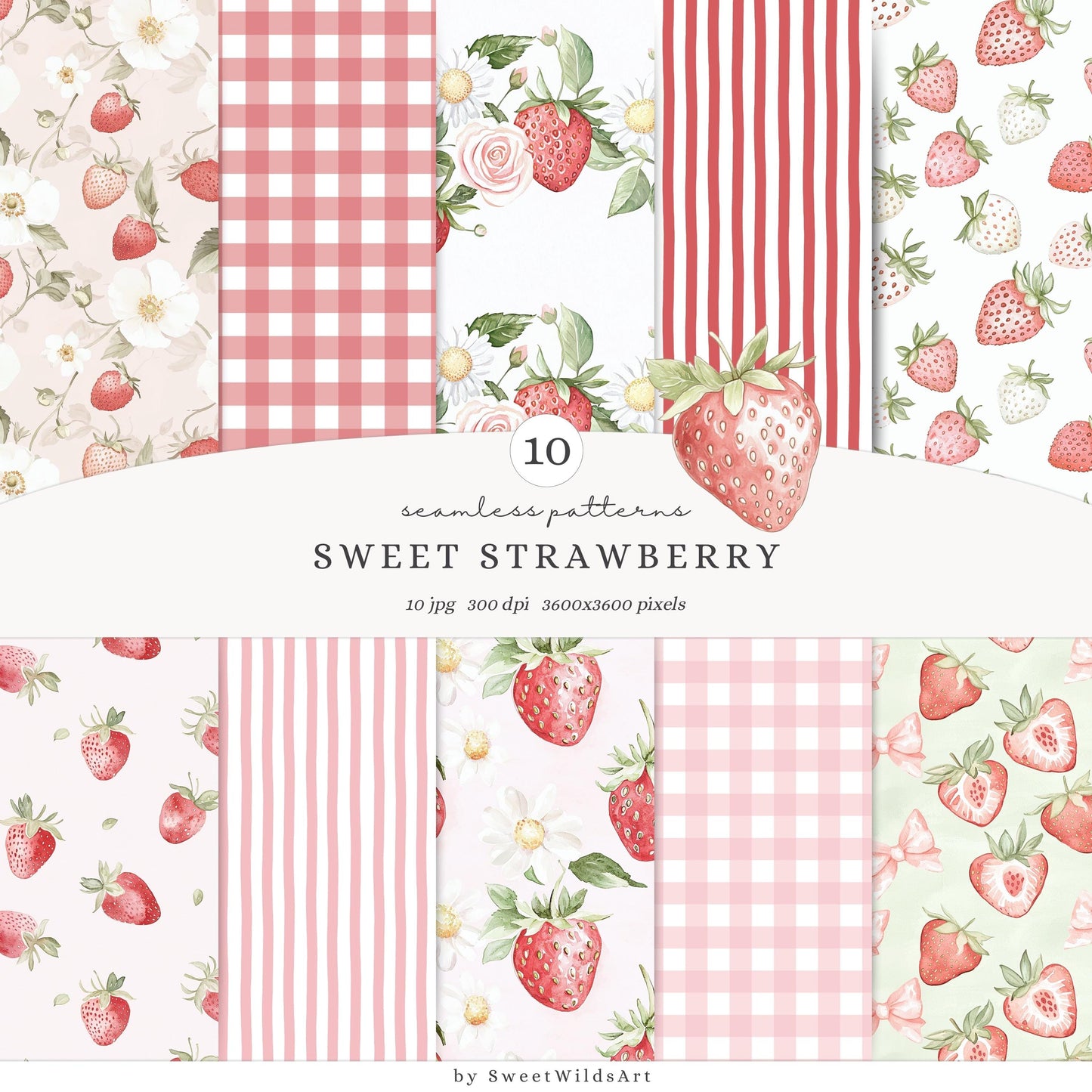 Sweet Strawberry - Seamless Patterns, Berry, Strawberry | 10 JPEG