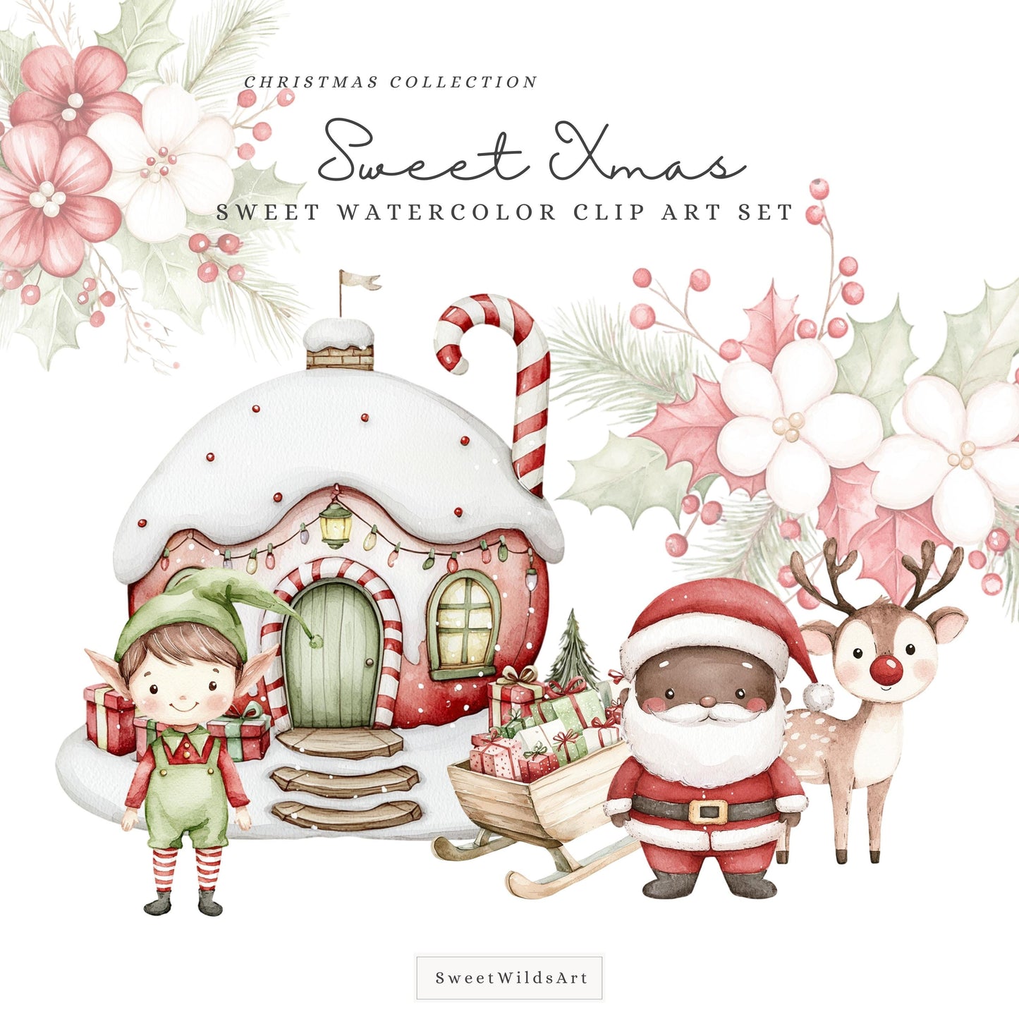 Sweet Xmas - Cute Christmas Clipart, Santa Claus, Elves, Holiday, Winter | 55 PNG