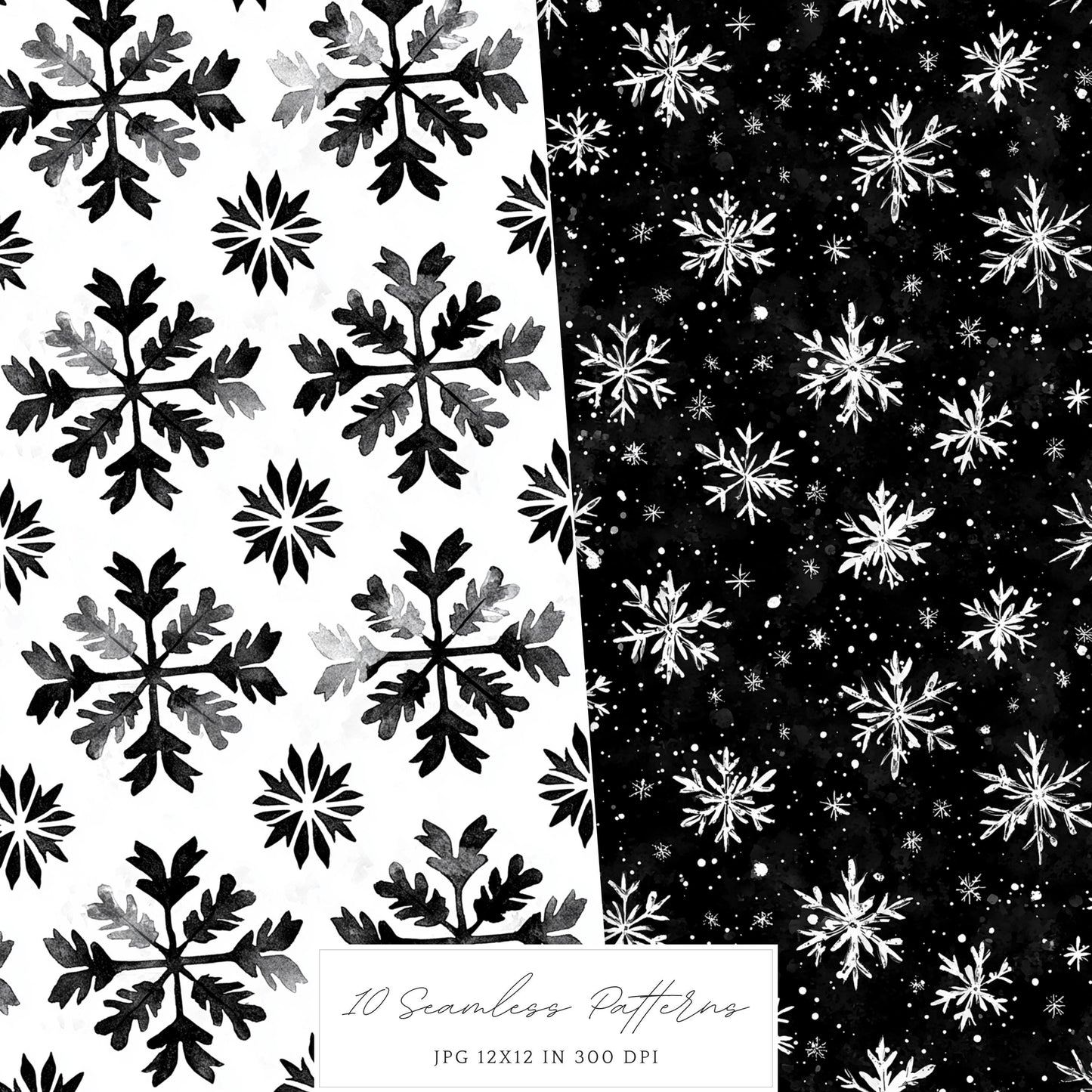 Black and White Holidays - Seamless Patterns, Winter, Snowflakes | 10 JPEG