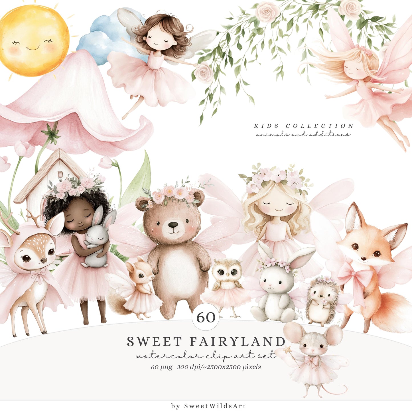 Sweet Fairyland - Collection Bundle, Cute Pink Fairy, Animals | 94 PNG/JPEG
