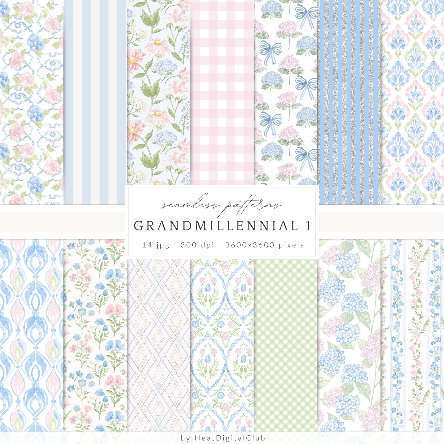 Grandmillennial - Seamless Patterns Bundle, Pastel Floral, Stripes, Plaid, Glitter | 56 JPEG