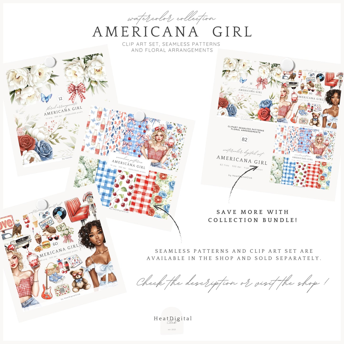 Americana Girl – Watercolor Florals, Red, White & Blue | 12 PNG