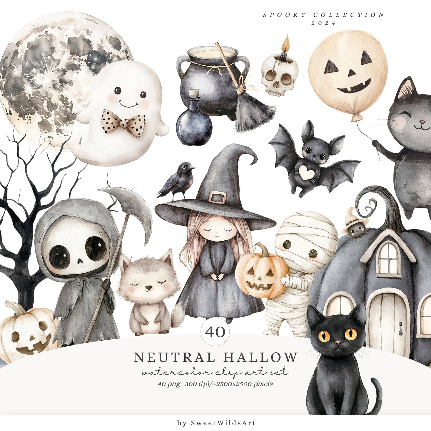 Neutral Hallow - Cute Halloween Clipart, Pastel Spooky, Pumpkin, Little Ghost | 40 PNG