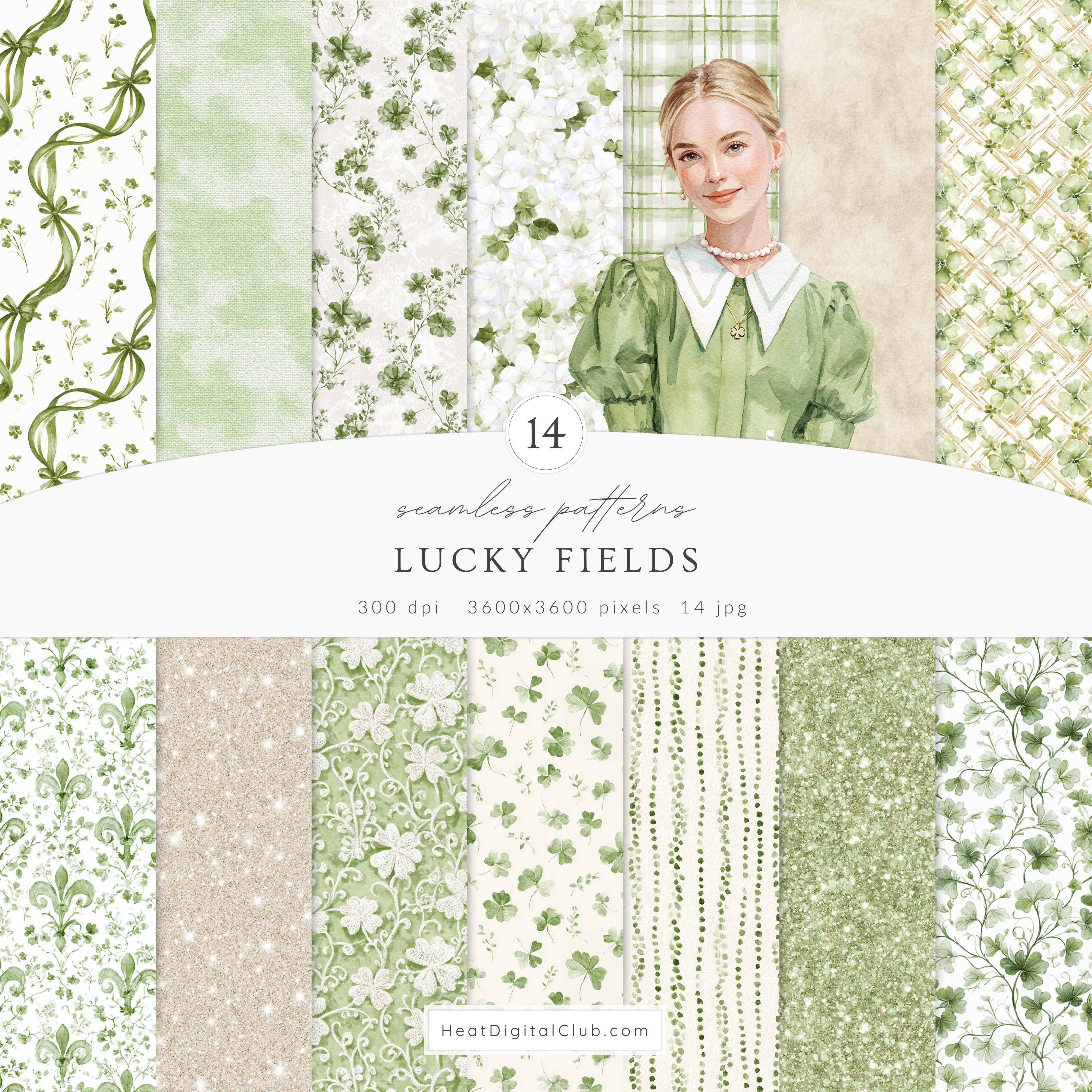 Lucky Fields - Seamless Patterns, Green Clover Patterns, Cottagecore S