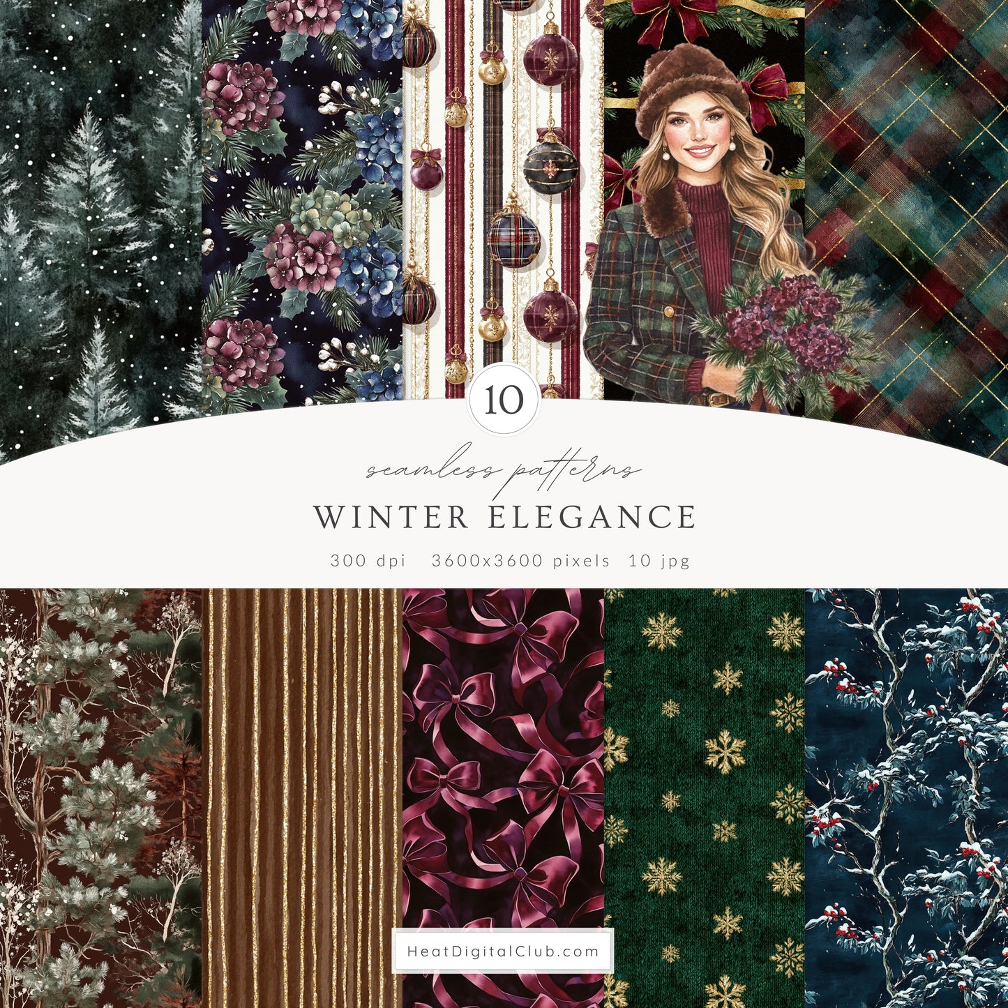 Winter Elegance - Watercolor Clipart, Aristocratic Christmas, Tartan Holiday, Cozy | 93 PNG/JPEG