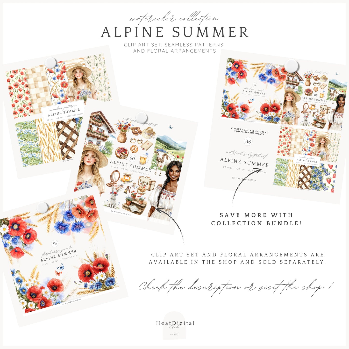 Alpine Summer - Seamless Patterns, Countryside Wildflower, Poppies | 10 JPEG