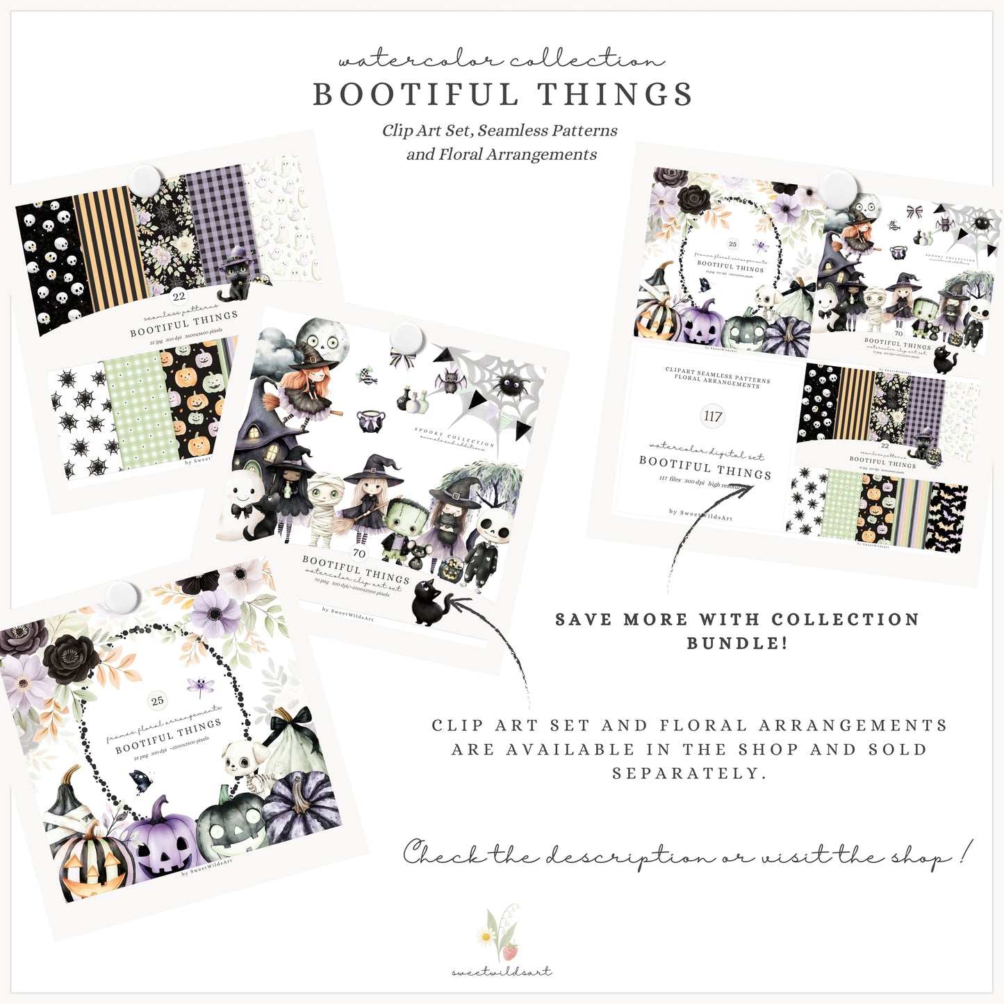 Bootiful Things - Halloween Pattern, Spooky Cute, Ghosts, Stars, Pumpkins | 22 JPEG