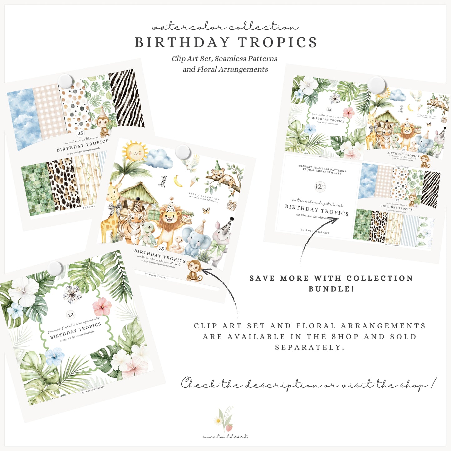 Birthday Tropics - Safari Seamless Patterns, Cute Jungle, Animal | 25 JPEG