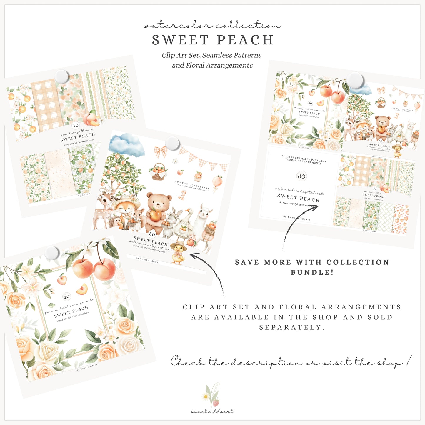 Sweet Peach - Seamless Patterns, Gingham, Cute Summer, Blossoms | 10 JPEG