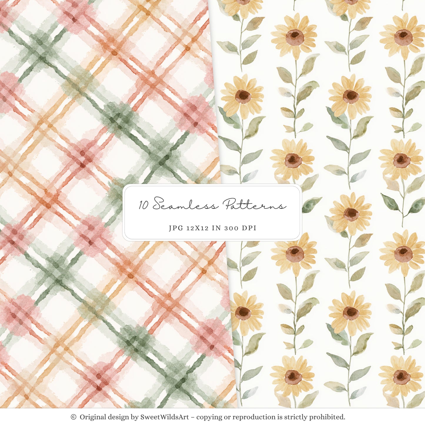 Goose Farm - Seamless Patterns, Plaid, Country Pumpkin, Sunflowers | 10 JPEG