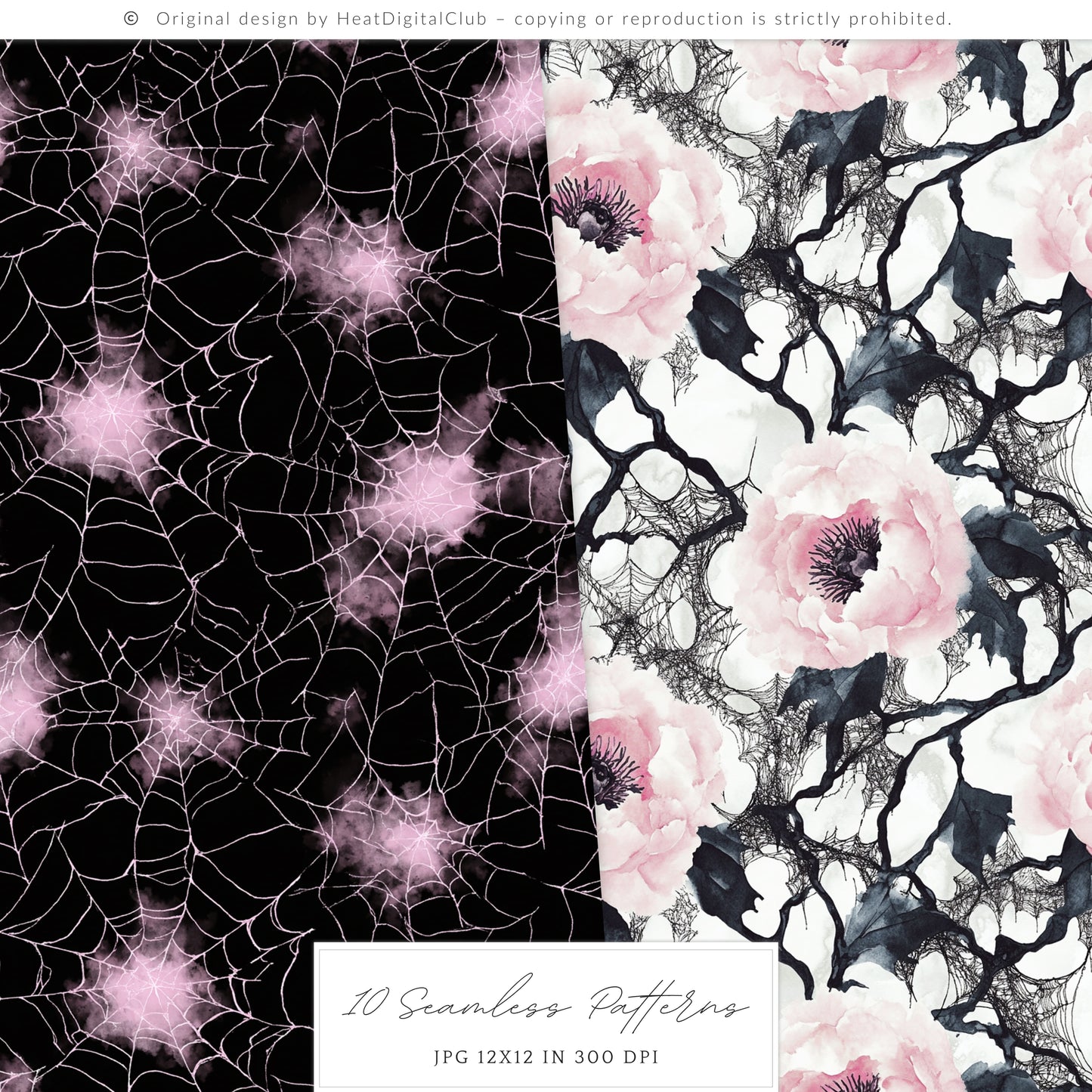 Pretty Haunting - Seamless Patterns, Black & Pink Gothic Halloween, Spooky | 10 JPEG