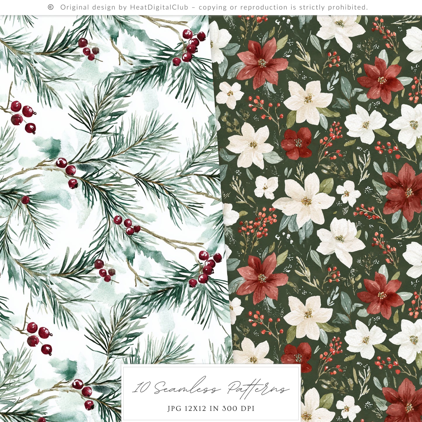Winter Pomegranate - Seamless Patterns, Holiday Christmas, Fruit, Rustic | 10 JPEG