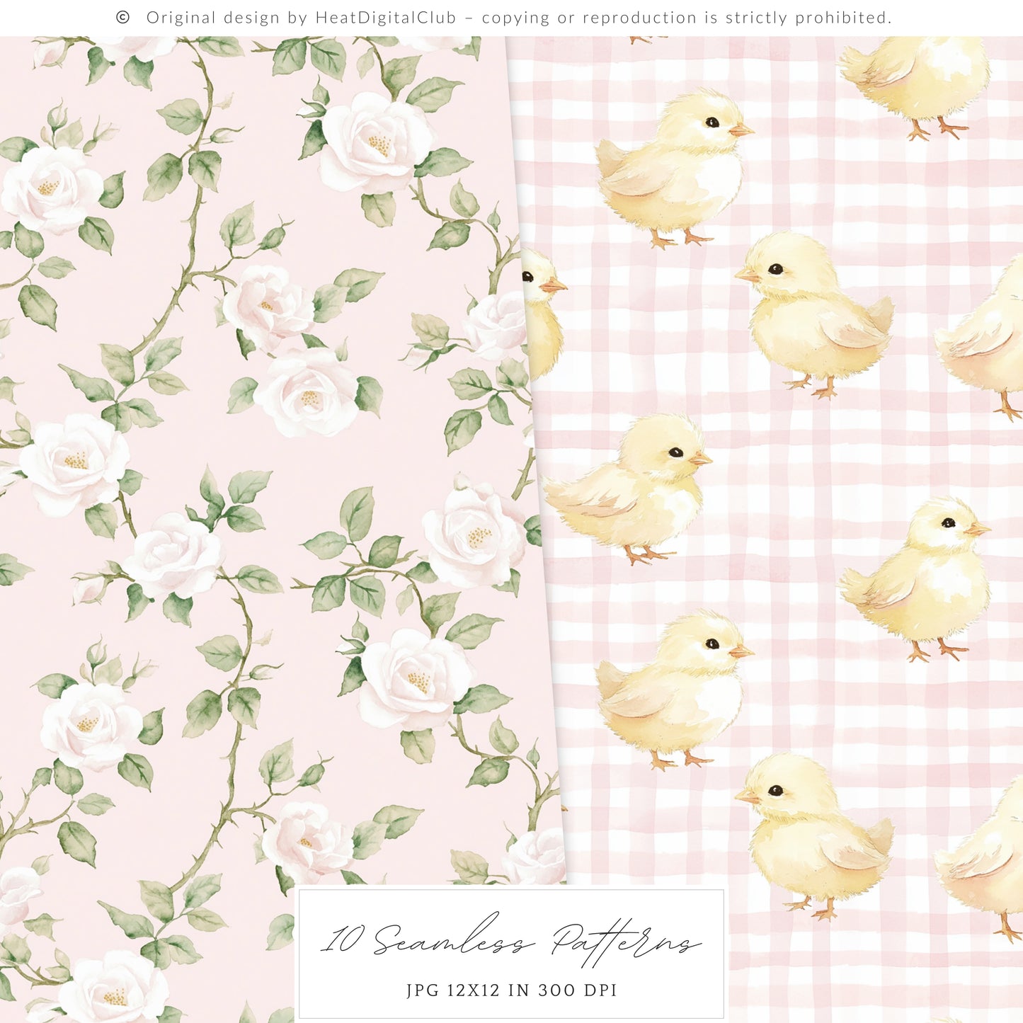 Lovely Farm - Seamless Patterns, Pink Gingham Strawberry, Pastel Country | 10 JPEG