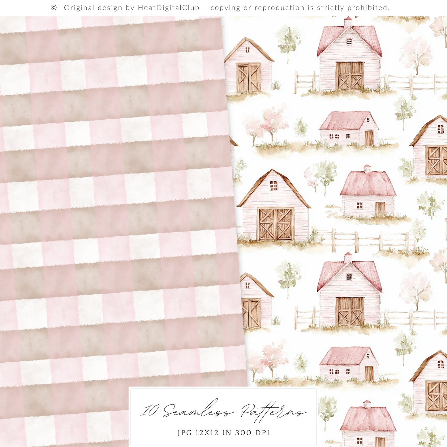 Lovely Farm - Seamless Patterns, Pink Gingham Strawberry, Pastel Country | 10 JPEG