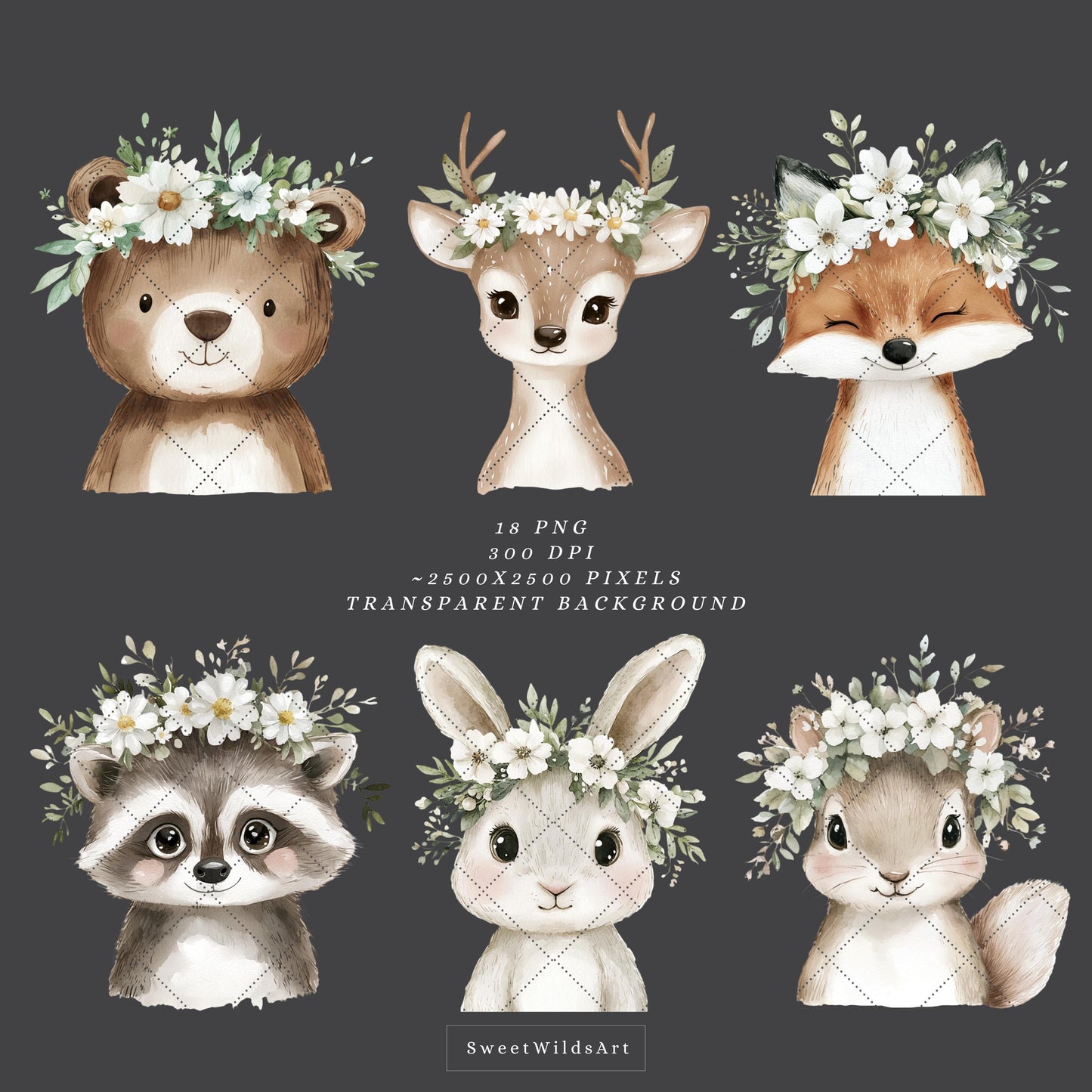 Woodland Portraits - Spring Cute Animals Clipart, Baby Shower, Nursery | 18 PNG