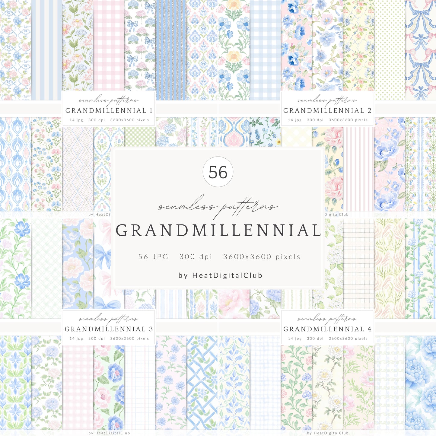 Grandmillennial - Seamless Patterns Bundle, Pastel Floral, Stripes, Plaid, Glitter | 56 JPEG