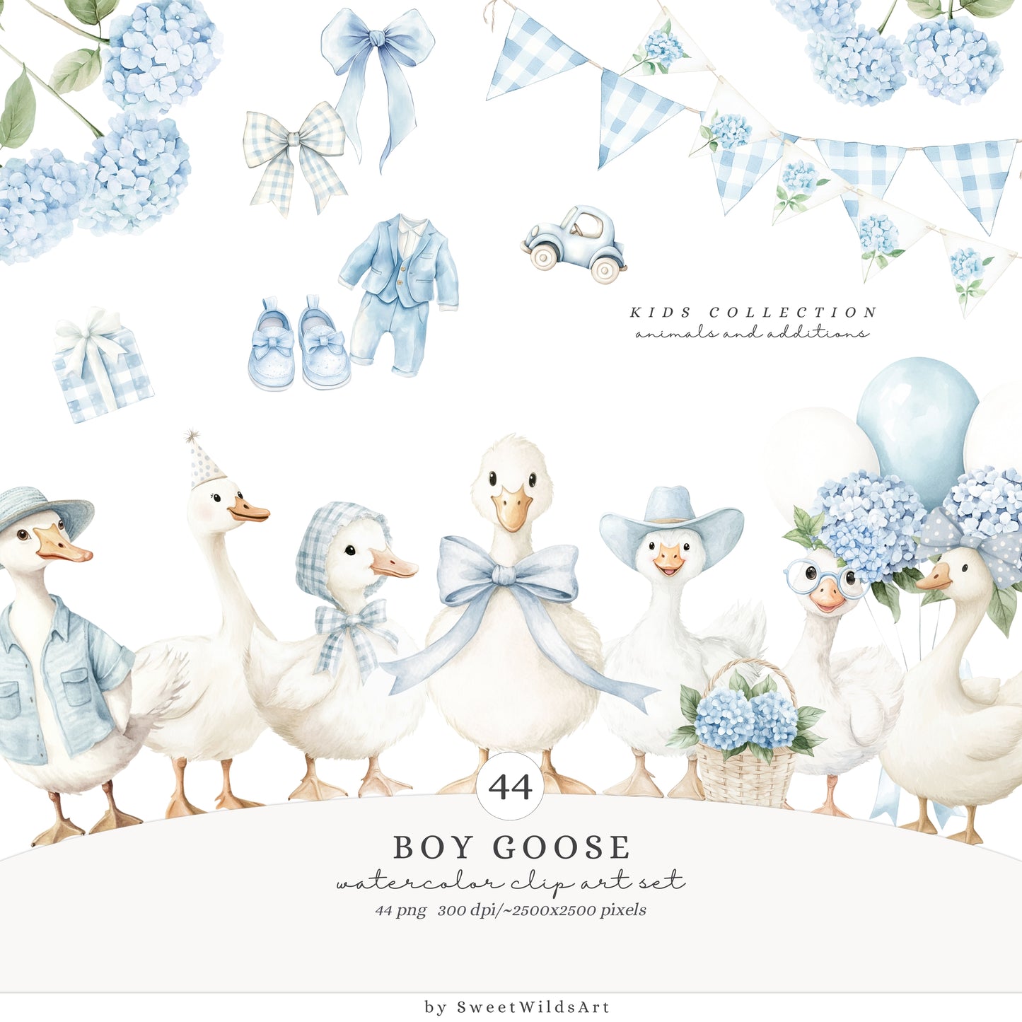 Boy Goose - Clipart, Blue Silly Goose, Coquette Nursery, Birthday | 44 PNG
