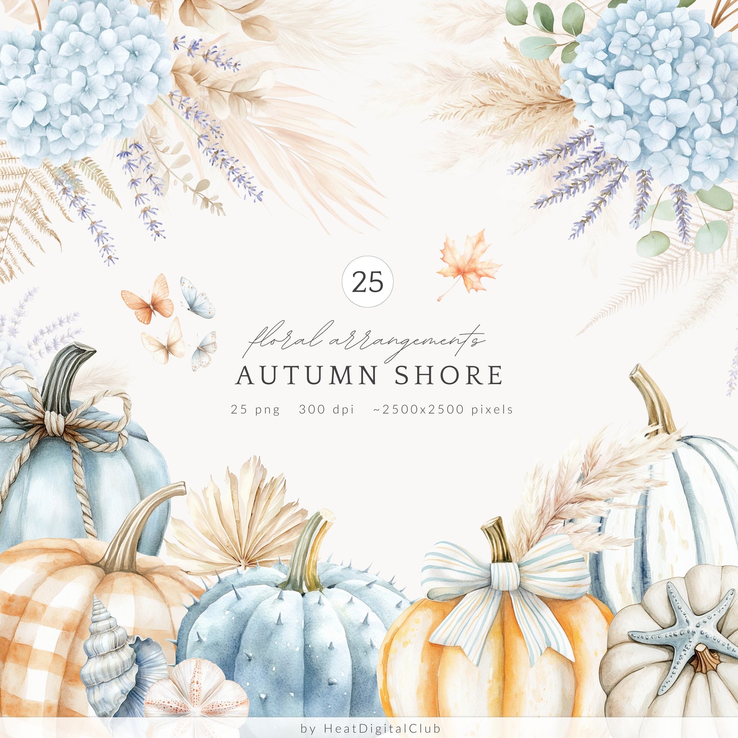 Autumn Shore - Floral Arrangements Clipart, Coastal, Hydrangea, Pumpkins | 25 PNG