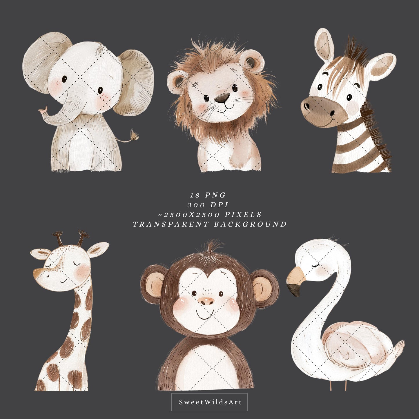 Safari Portraits - Cute Animals Clipart, Baby Shower, Nursery, Boho Tropical | 18 PNG
