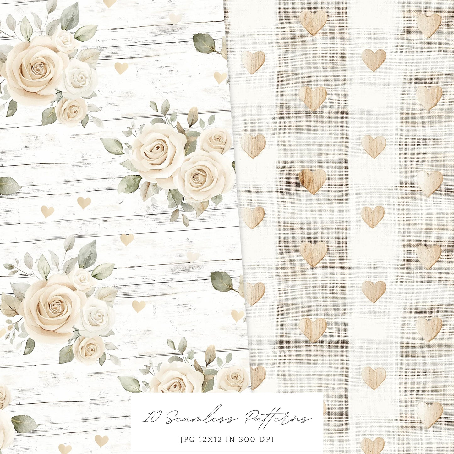 Boho Valentine - Valentines Day Seamless Patterns, Rustic, Romantic | 10 JPEG