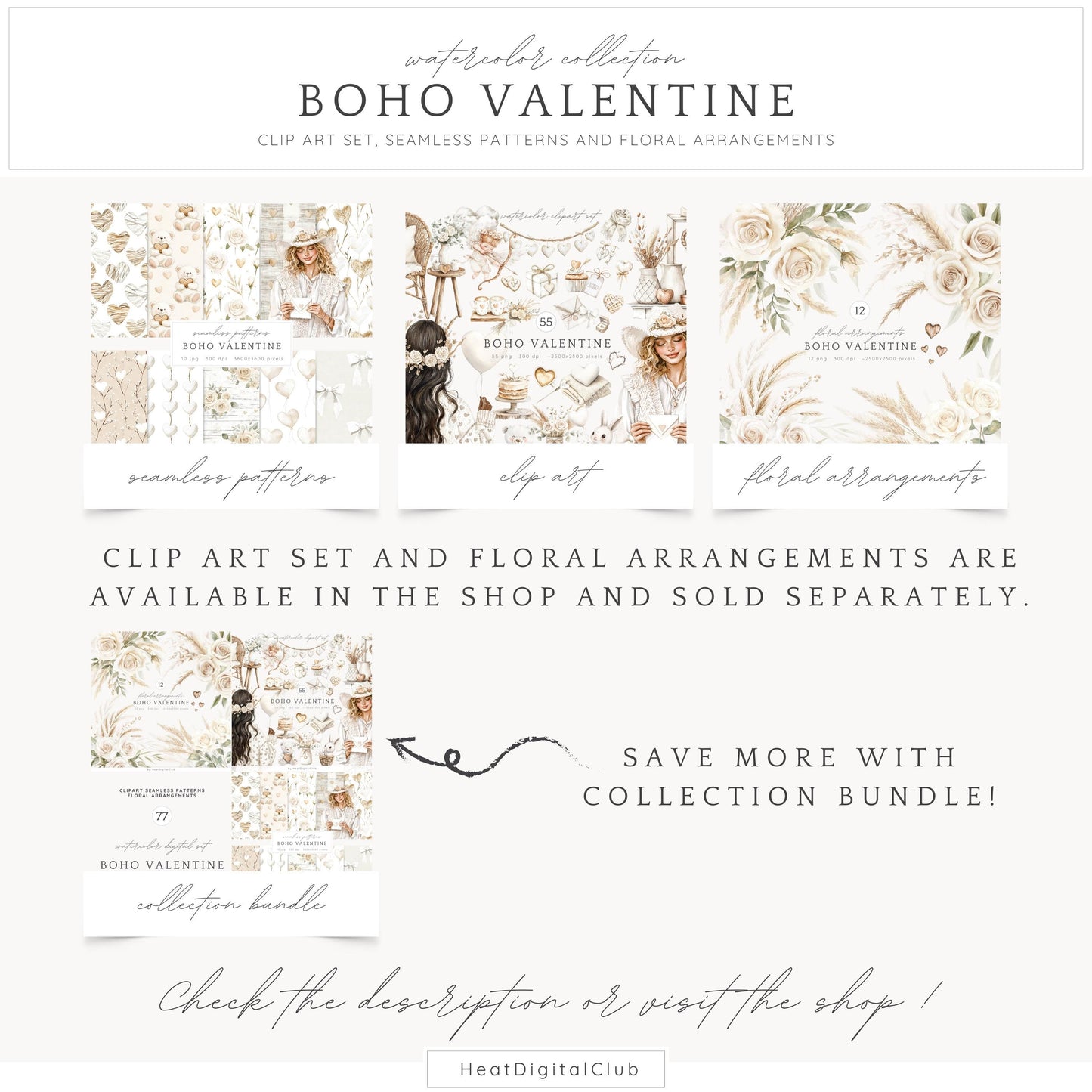 Boho Valentine - Valentines Day Seamless Patterns, Rustic, Romantic | 10 JPEG