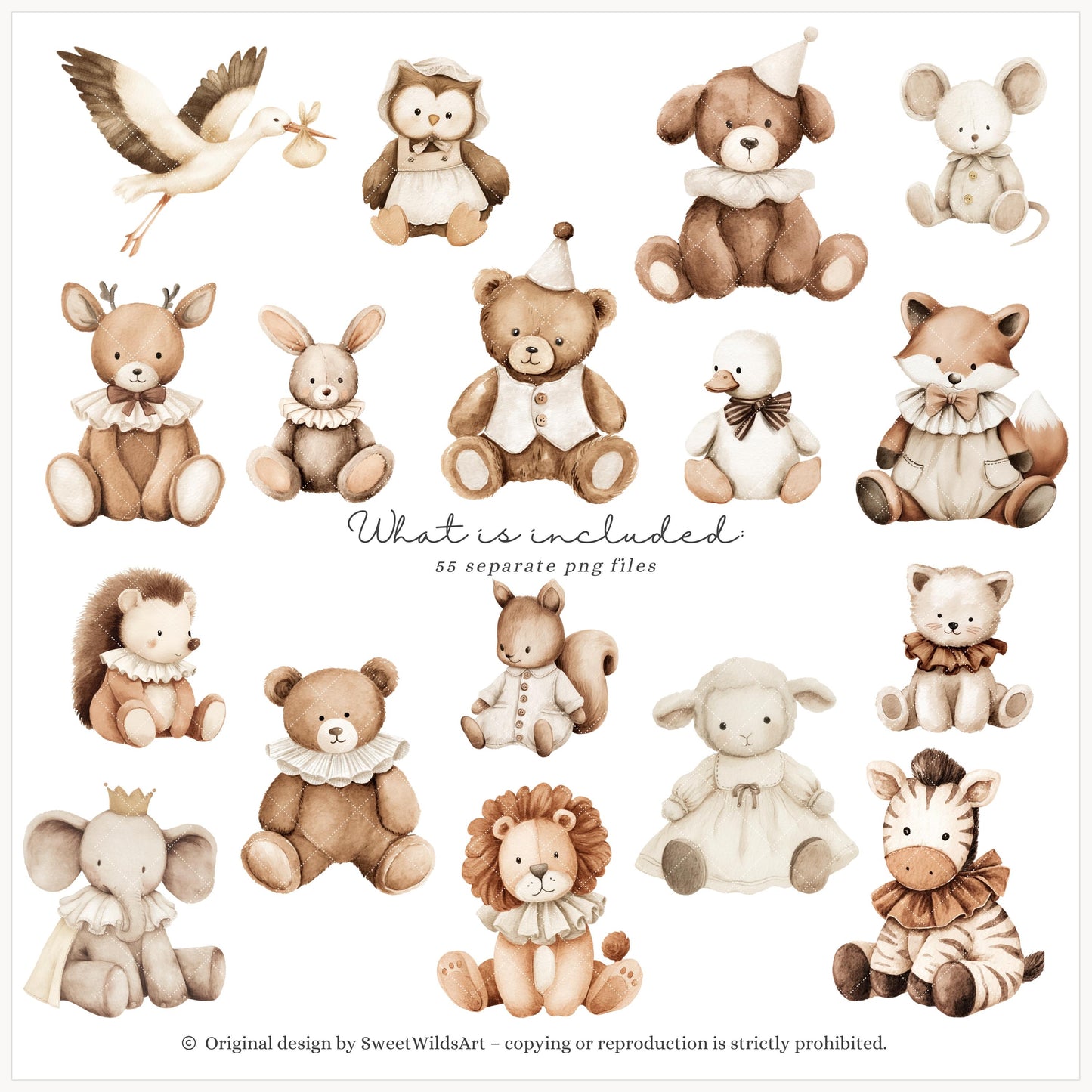 Tiny Moments - Plush Toys, Baby Animals Clipart, Nursery Illustrations | 55 PNG