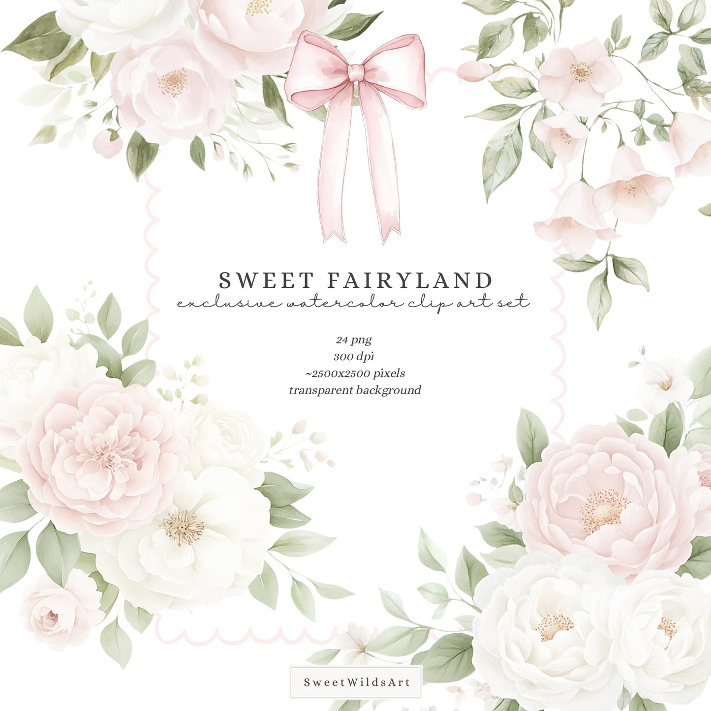 Sweet Fairyland - Floral Arrangements, Pink White Peonies, Garden Bows | 24 PNG