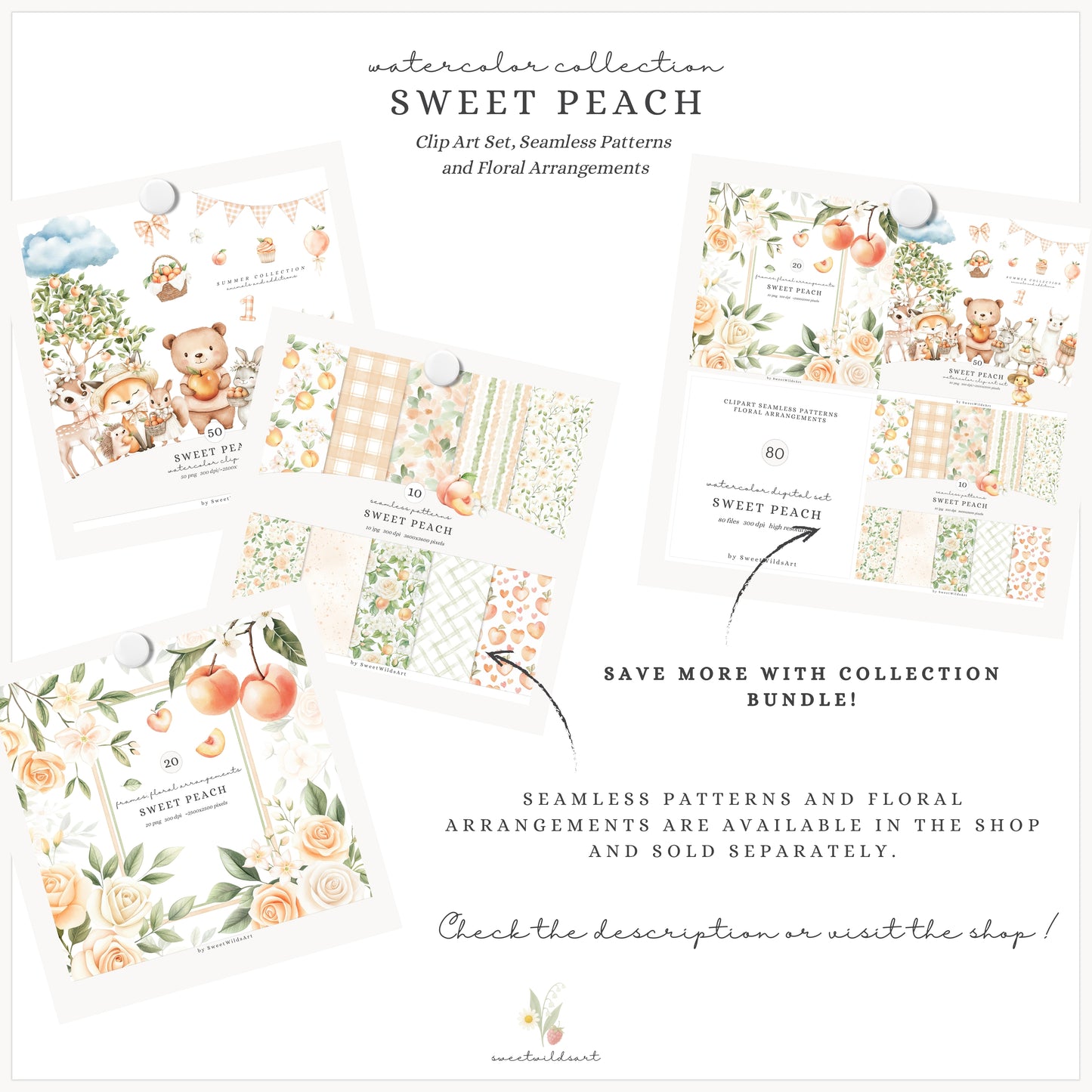 Sweet Peach - Cute Animals Clipart, Birthday, Summer Picnic, Baby | 50 PNG