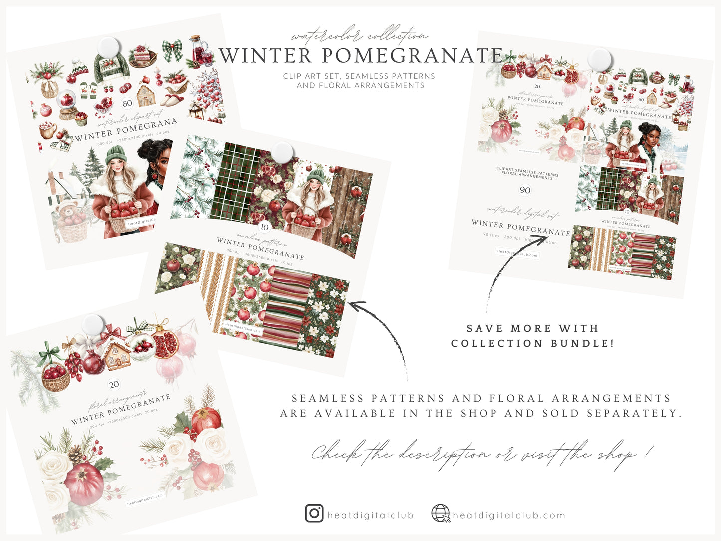 Winter Pomegranate - Clipart Set, Holiday Fruits, Cozy, Rustic Xmas | 60 PNG