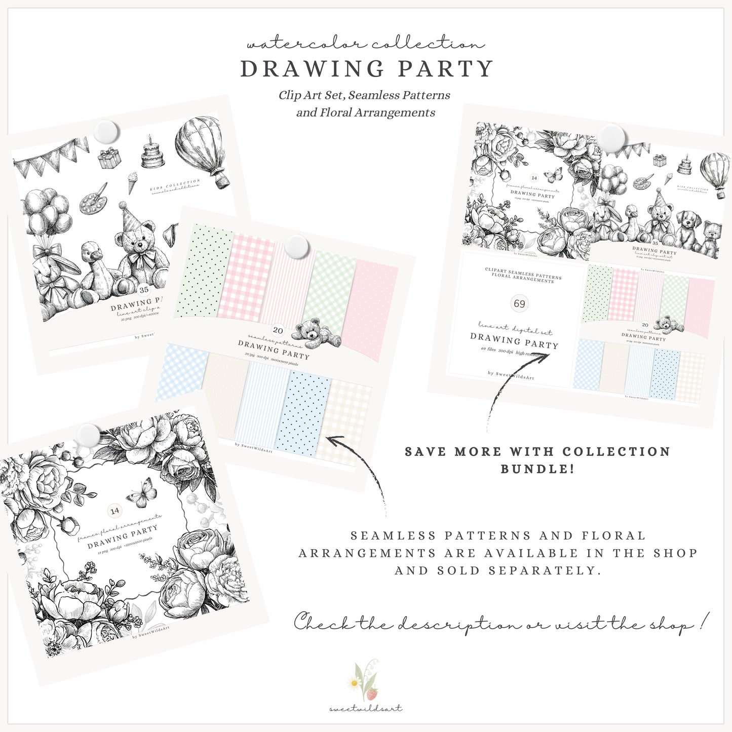 Drawing Party - Line Art Clipart, Birthday Animals, Black and White Teddy Bear | 35 PNG