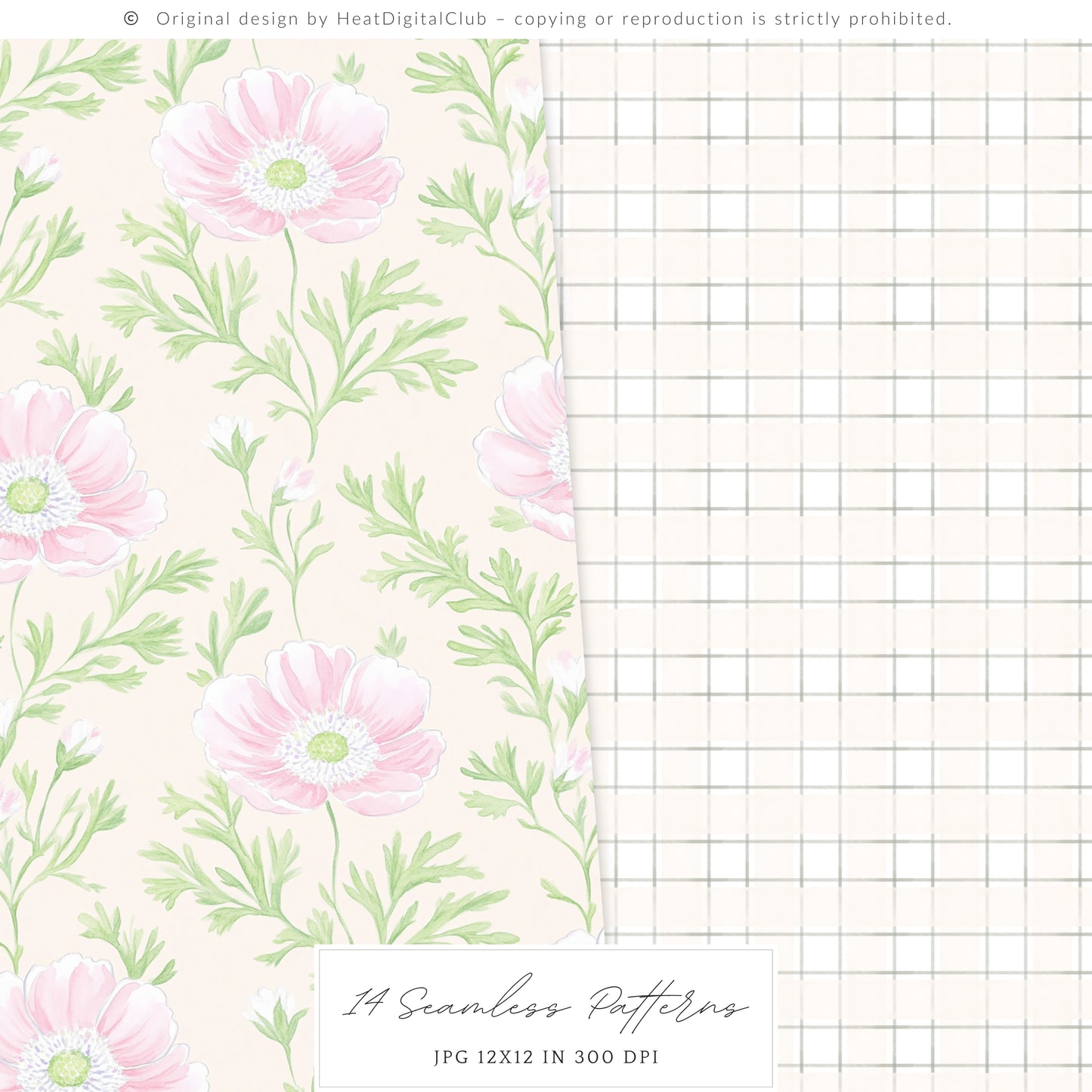 Grandmillennial - Seamless Patterns, Set 4, Pastel Floral, Stripes, Plaid, Glitter | 14 JPEG