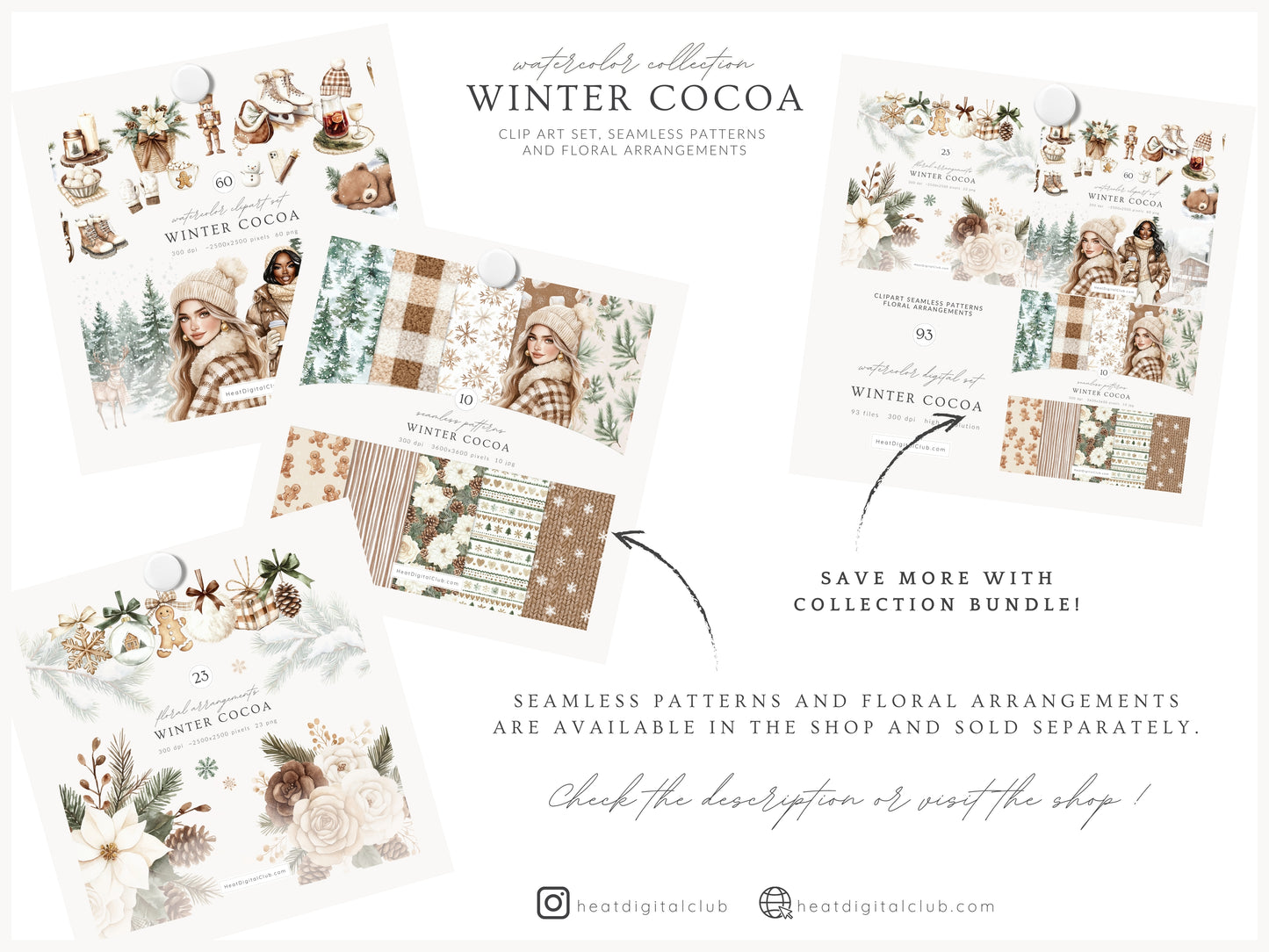 Winter Cocoa - Clipart Set, Elegant Cozy Christmas | 60 PNG
