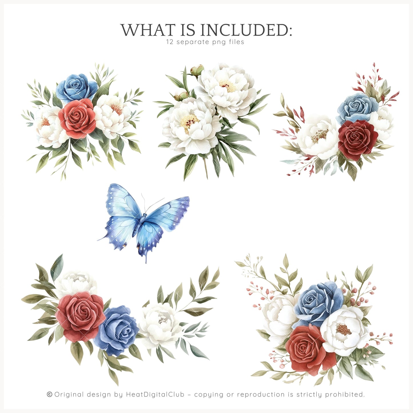 Americana Girl – Watercolor Florals, Red, White & Blue | 12 PNG