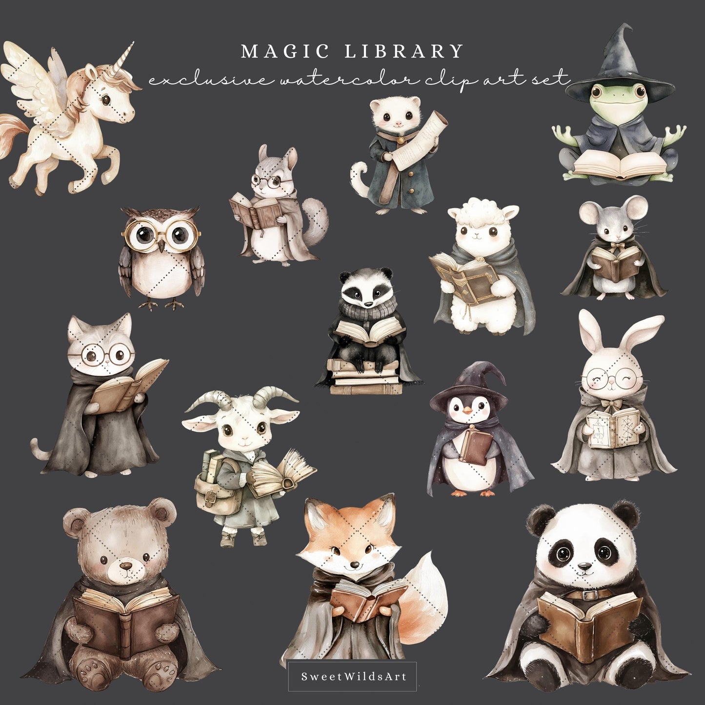 Magic Library - Baby Animals Clipart, Cute Magic School, Wizard Reading | 40 PNG