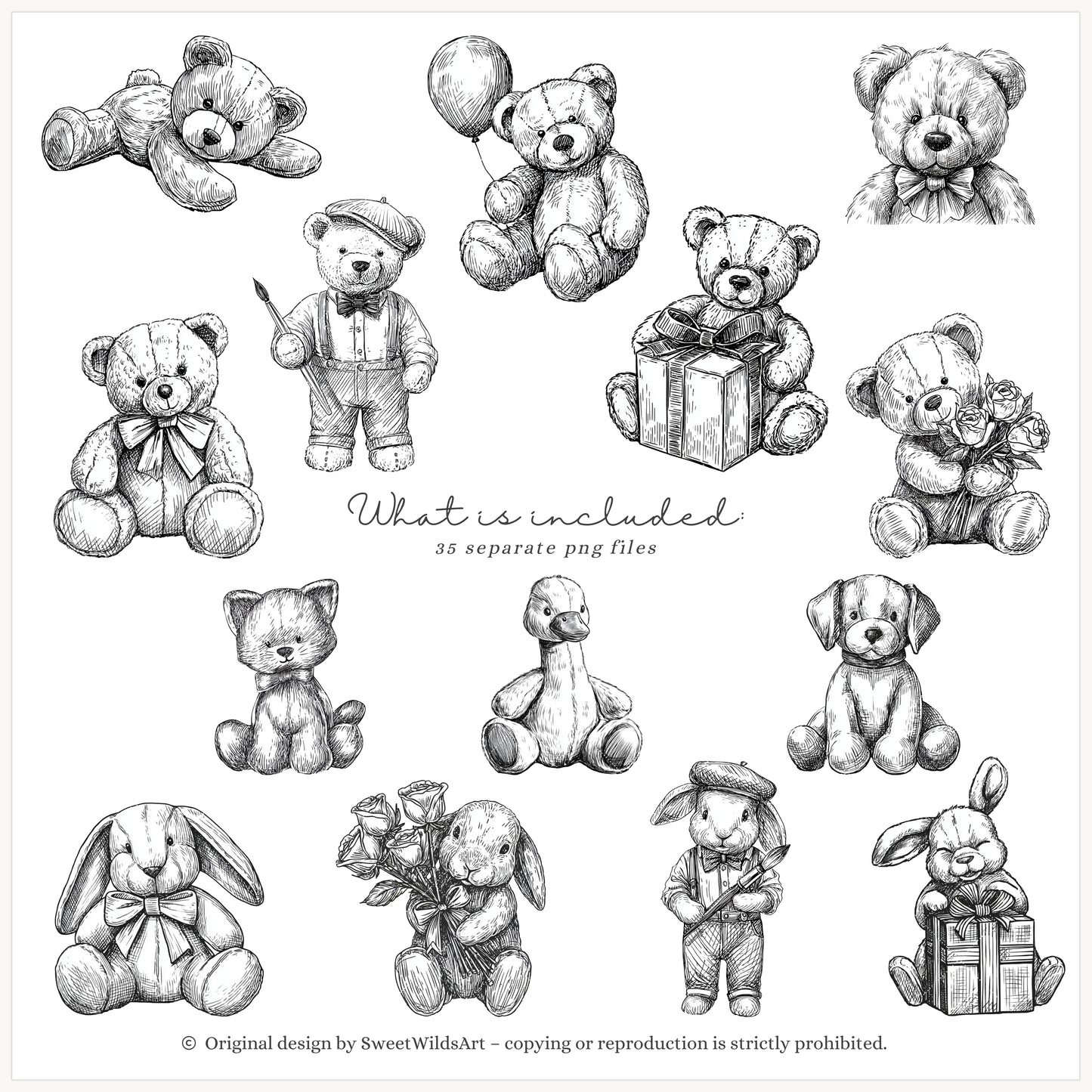 Drawing Party - Line Art Clipart, Birthday Animals, Black and White Teddy Bear | 35 PNG