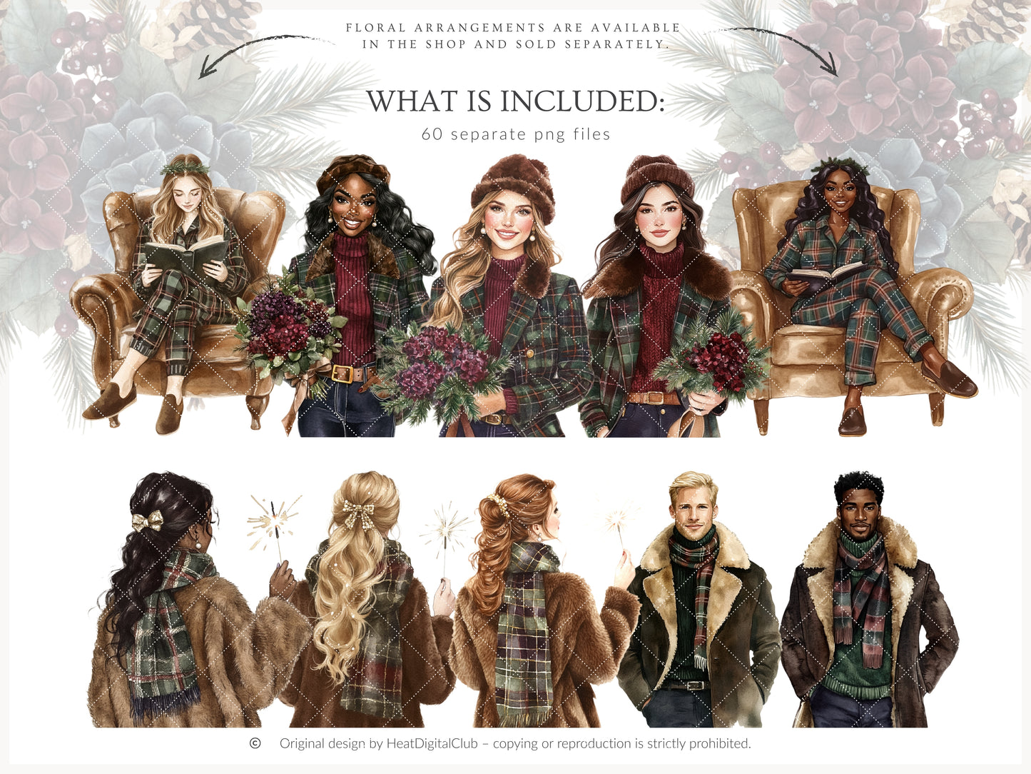 Winter Elegance - Watercolor Clipart, Aristocratic Christmas, Tartan Holiday | 60 PNG