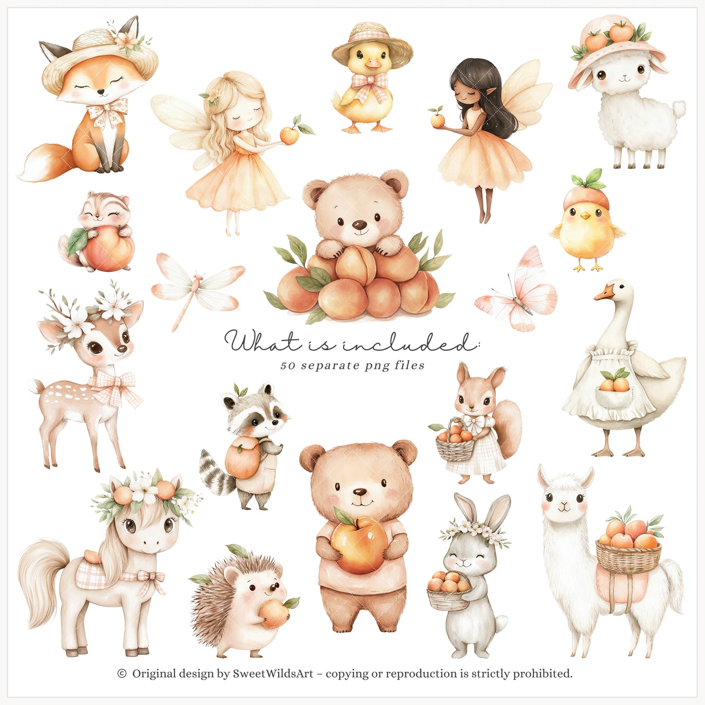 Sweet Peach - Cute Animals Clipart, Birthday, Summer Picnic, Baby | 50 PNG