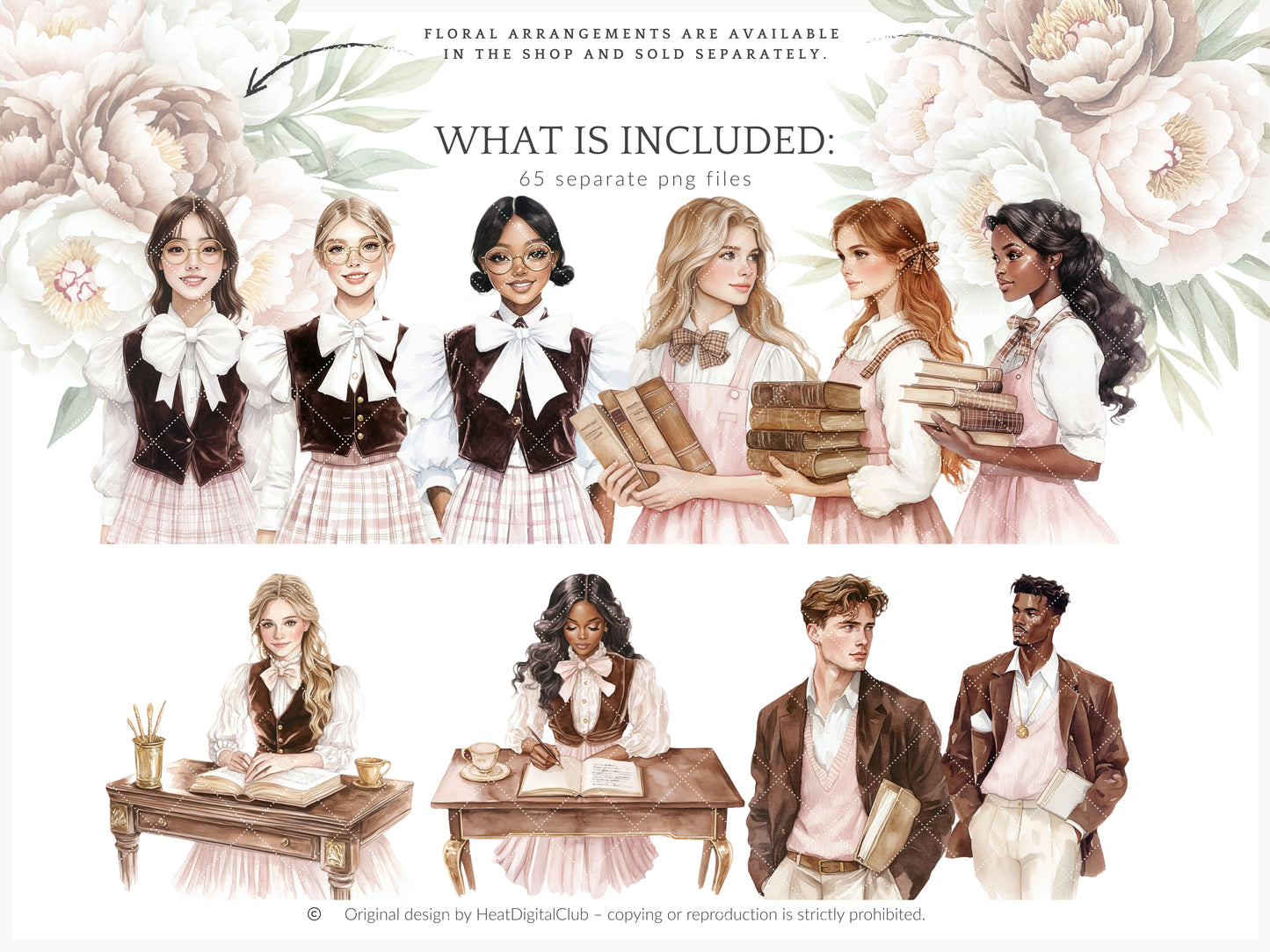 Blush Academia - Light Academia, Study Girls Clipart, Books, Bookworm | 65 PNG