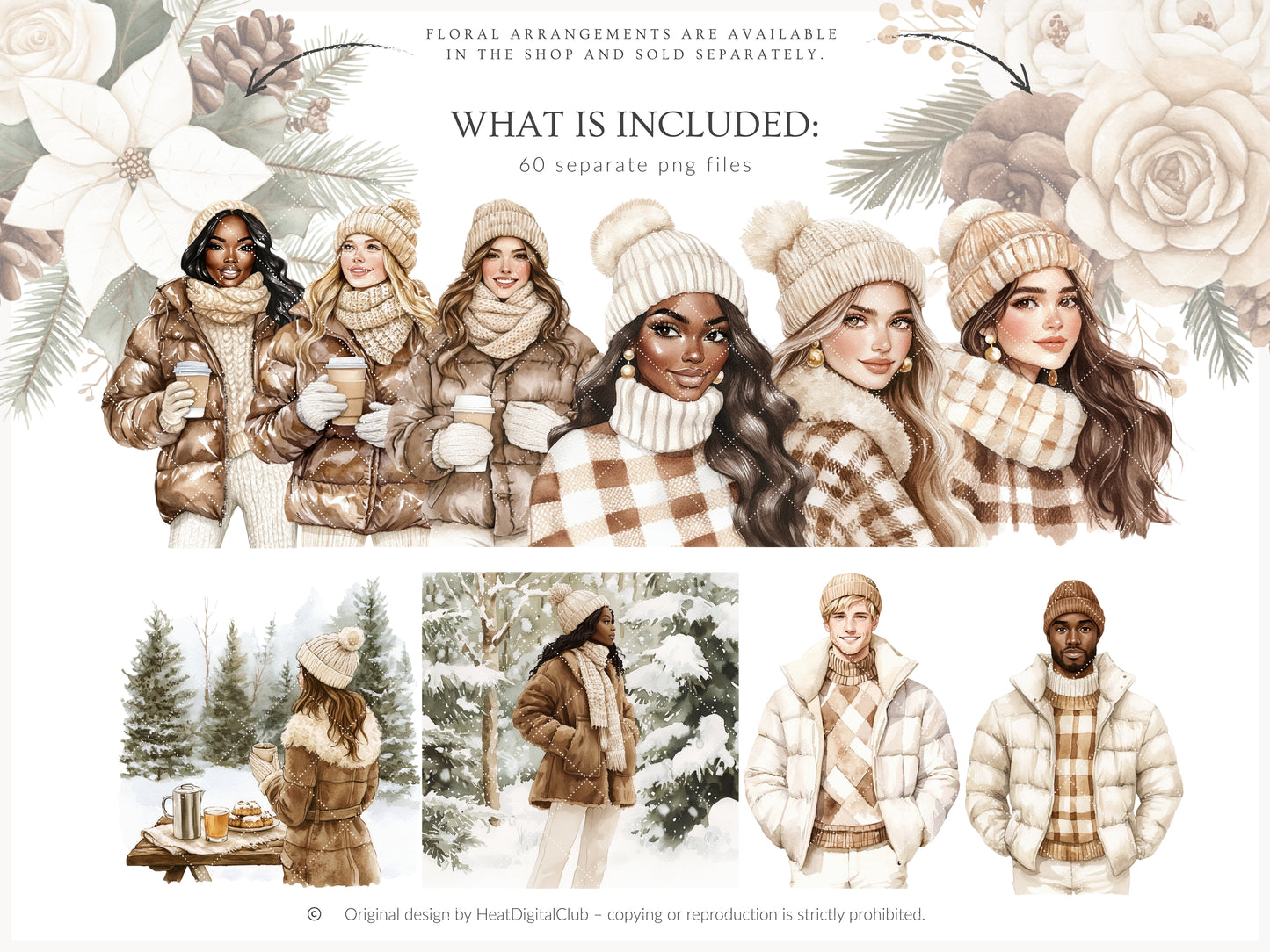 Winter Cocoa - Clipart Set, Elegant Cozy Christmas | 60 PNG