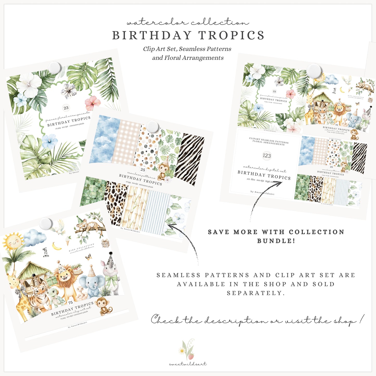 Birthday Tropics - Floral Arrangements Clipart, Jungle, Safari | 23 PNG