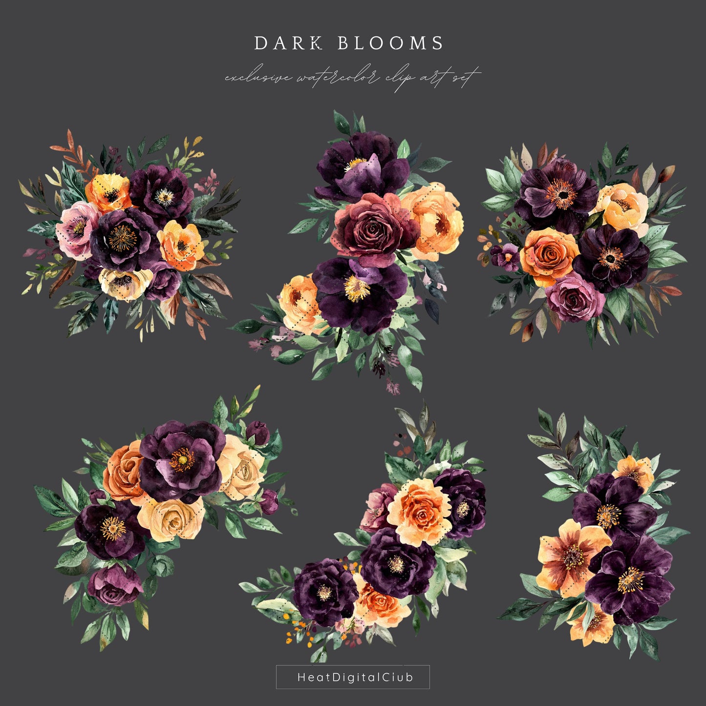 Dark Blooms - Floral Arrangements Clipart, Elegant Flowers, Gothic | 12 PNG