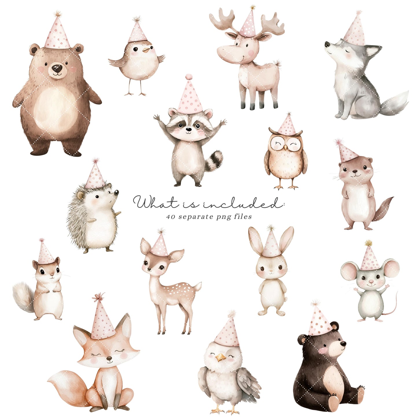 Birthday Friends - Cute Woodland, Baby Animal Clipart, Baby Girl Birthday | 40 PNG