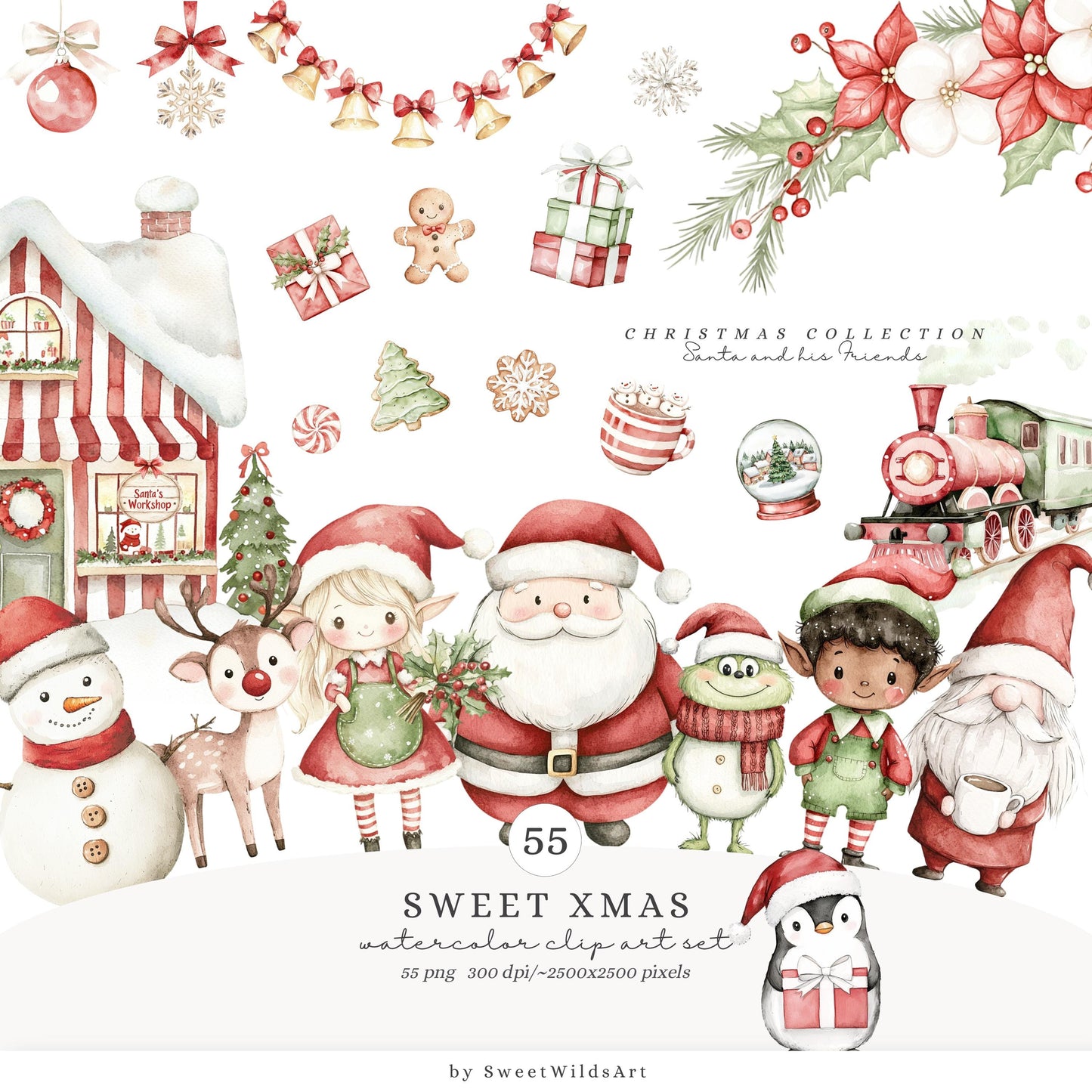 Sweet Xmas - Cute Christmas Clipart, Santa Claus, Elves, Holiday, Winter | 55 PNG