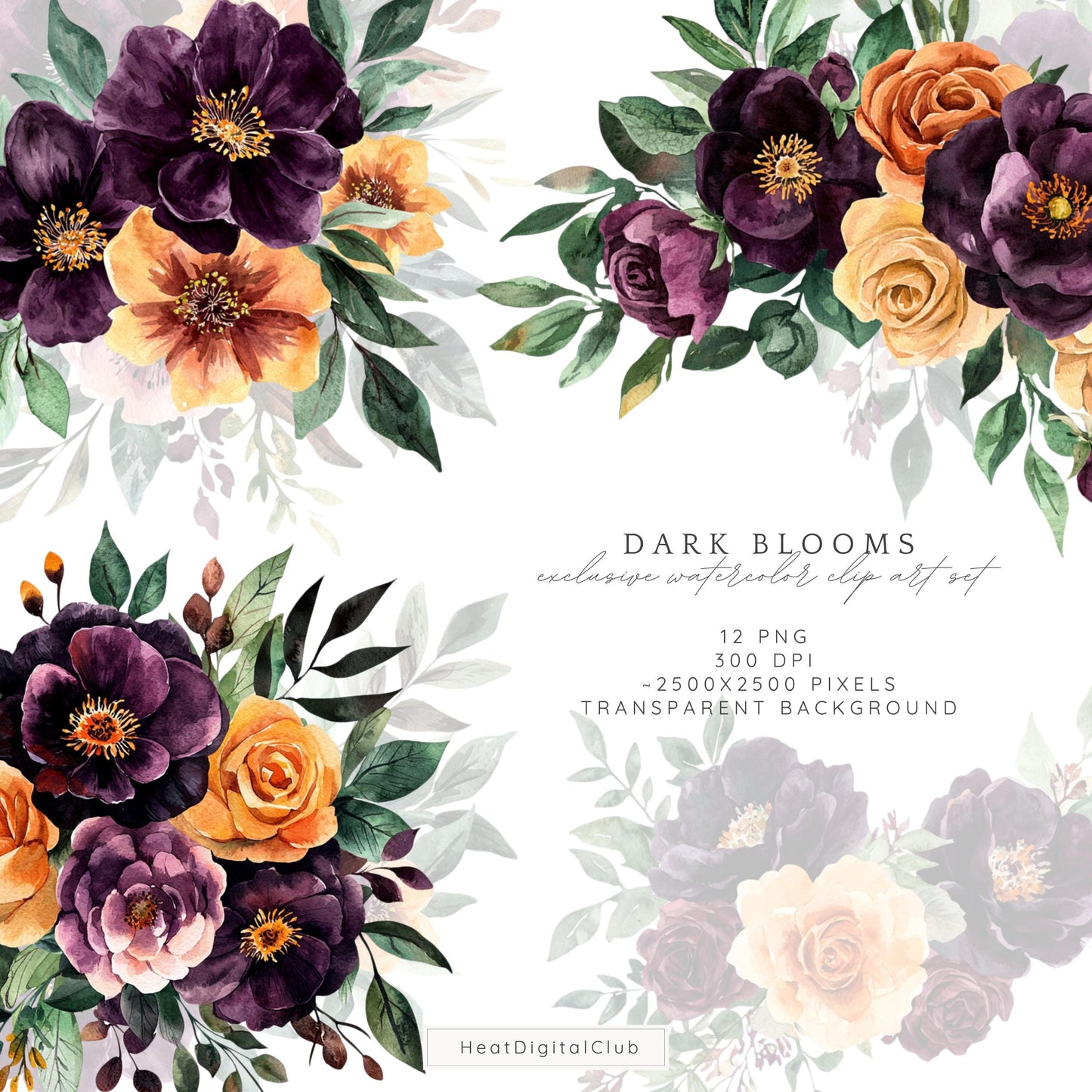Dark Blooms - Floral Arrangements Clipart, Elegant Flowers, Gothic | 12 PNG