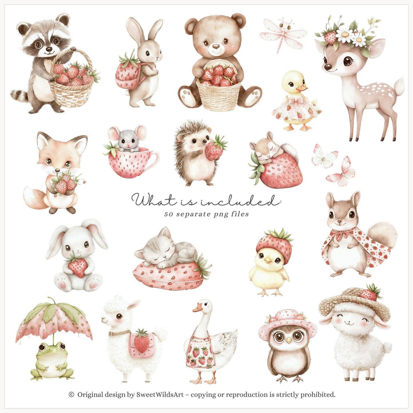 Sweet Strawberry - Baby Animals Clipart Set | 50 PNG